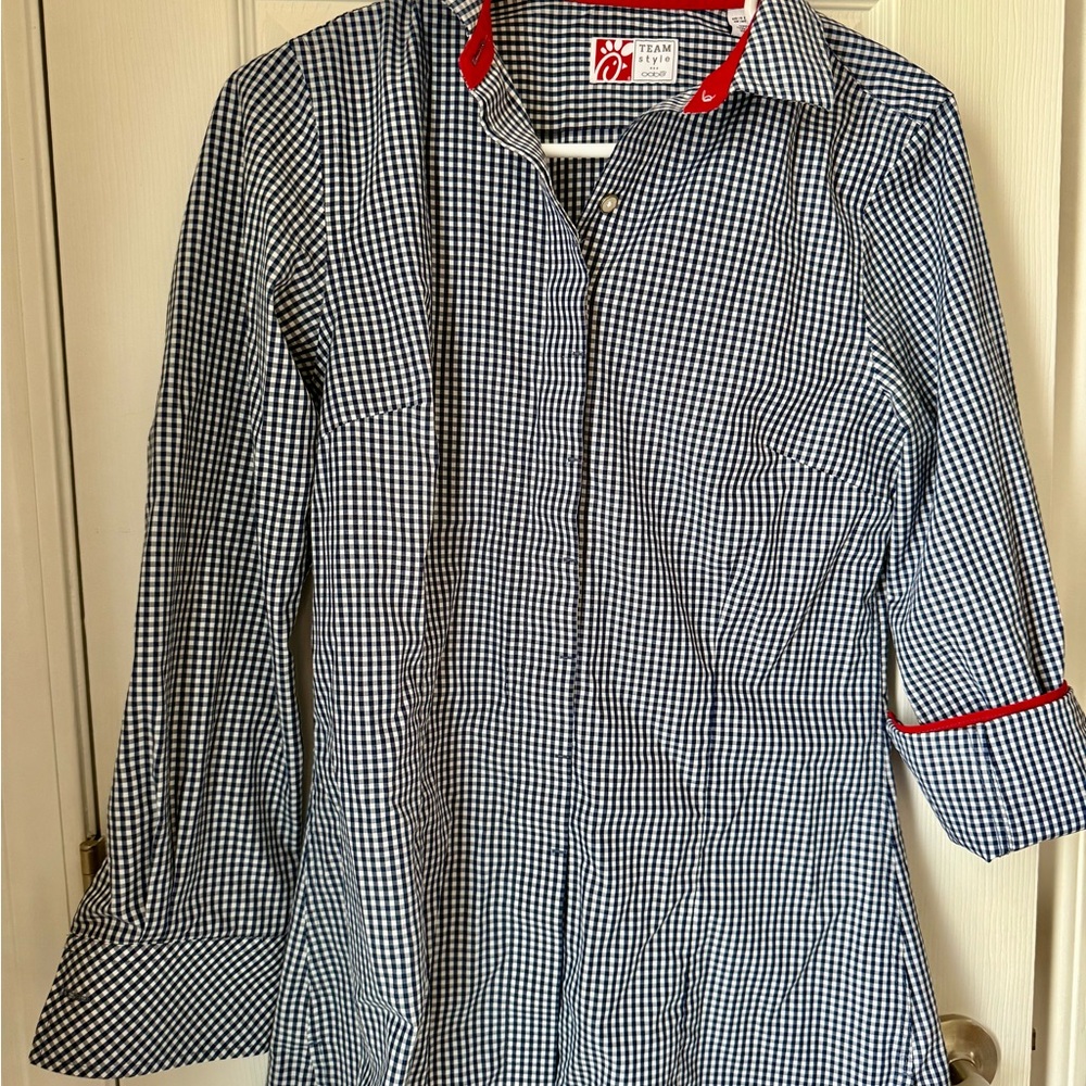 Blue & White Gingham Chick-fil-A Shirt with Red Accents